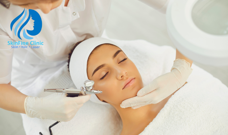 Woman receiving facial treatment at SkinFine Clinic for skin rejuvenation.